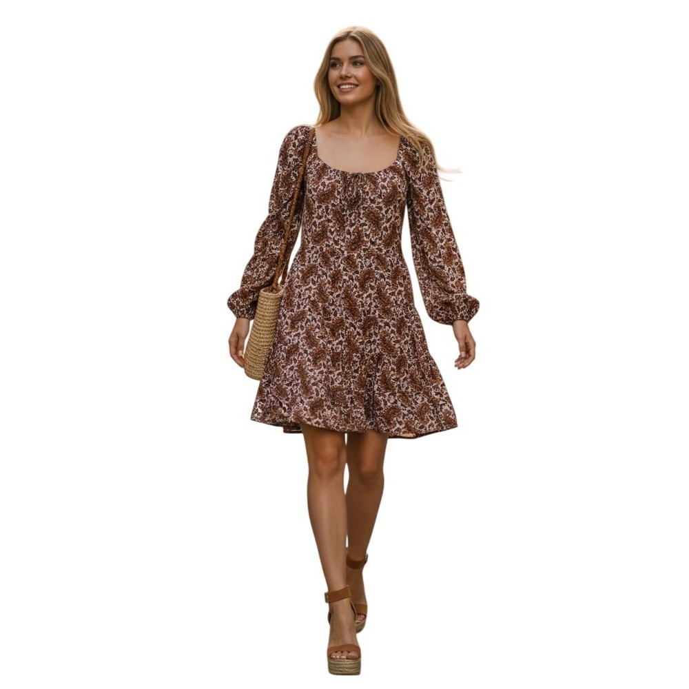 Faithfull The Brand Cottagecore Smocked Mini Dress Rust Puff Sleeve S $239